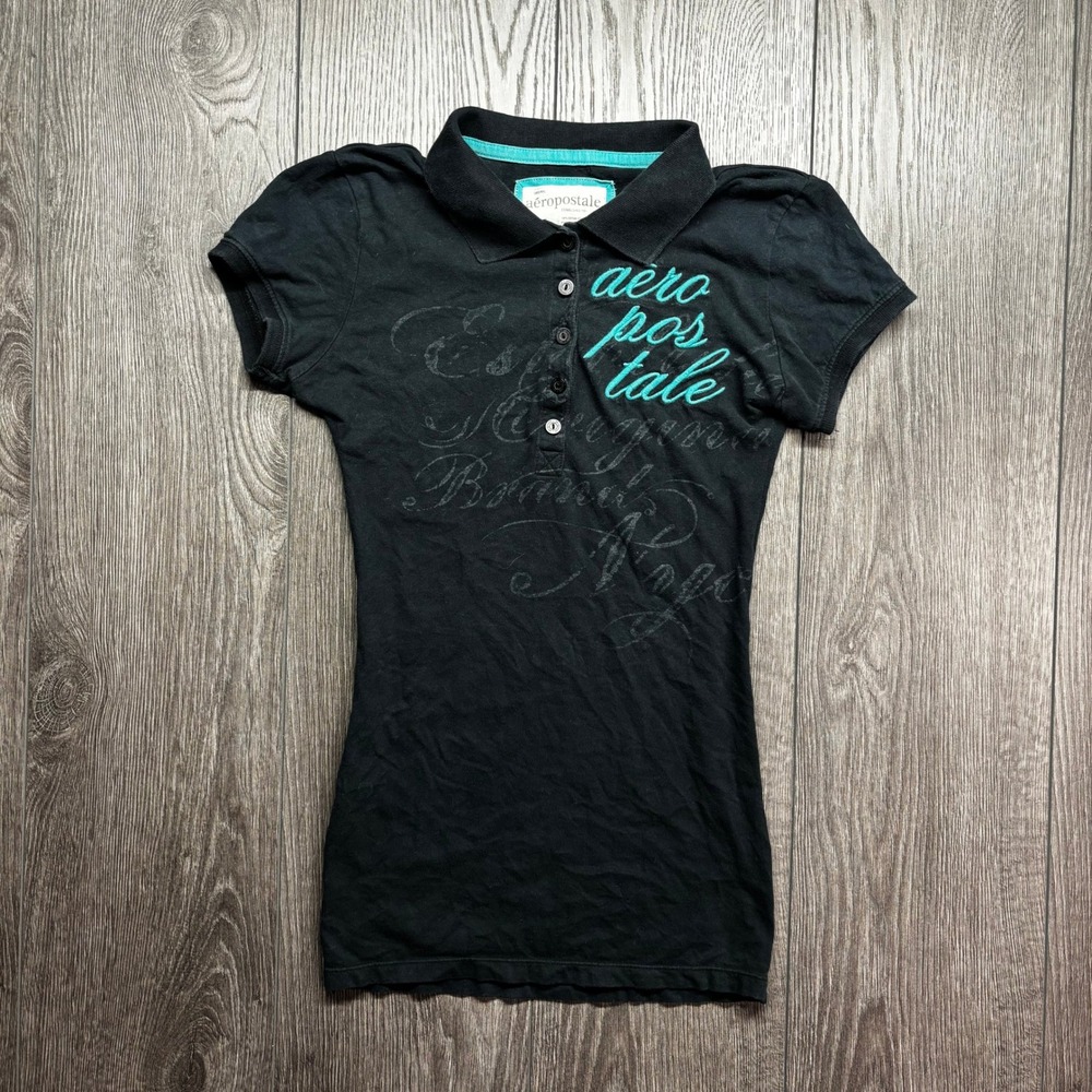 Aeropostale Womens Black Medium Y2K Embroidered Logo Short Sleeve Polo Shirt